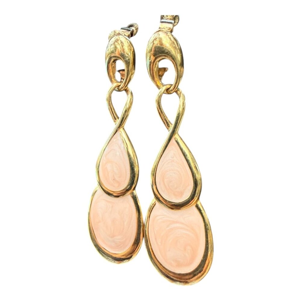 Napier Gold Tone Pink Swirl Enamel Teardrop Clip-On Earrings Vintage 1970s-80s - Picture 9 of 10